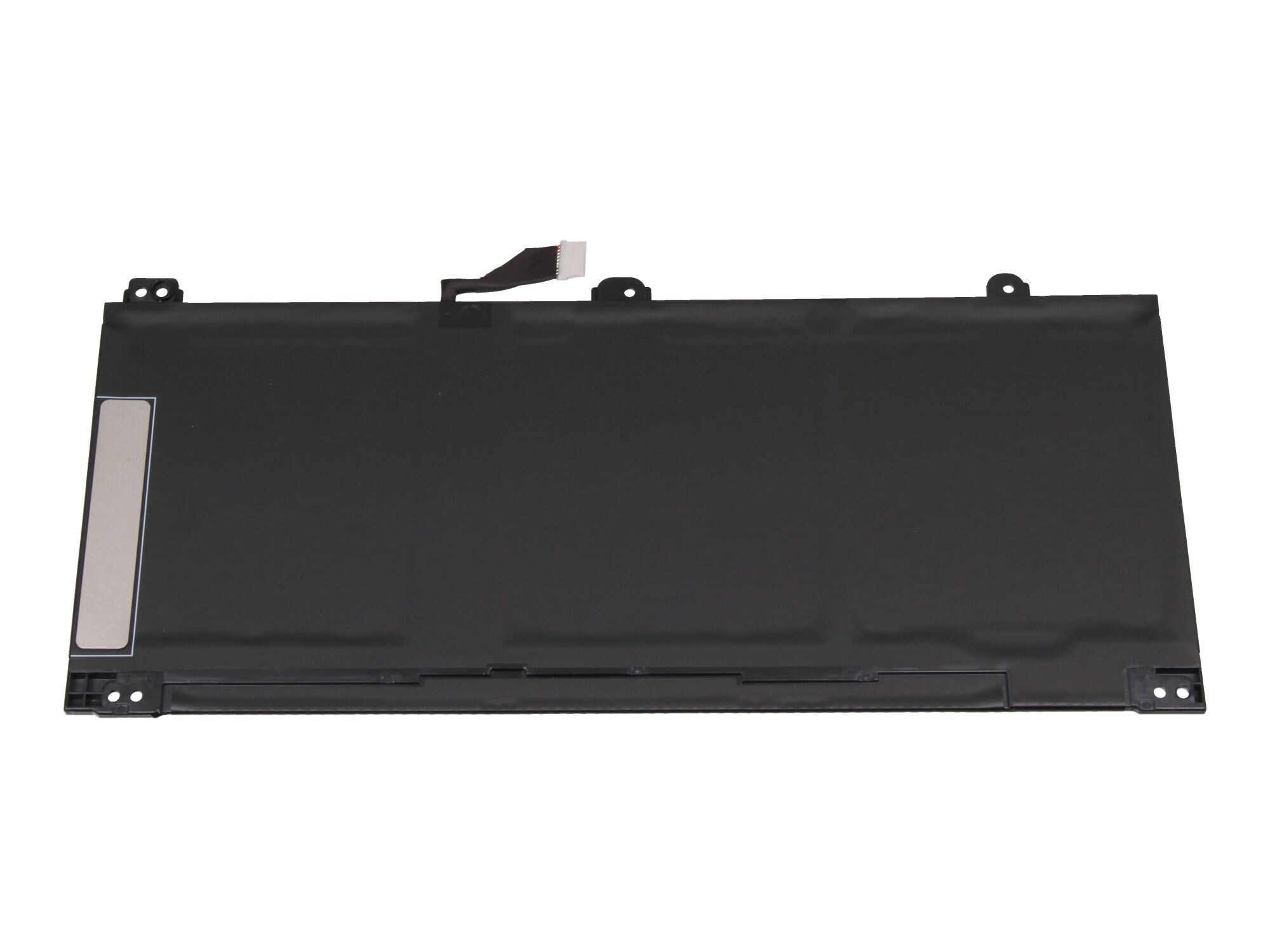 Ein schwarzer Laptop-Akku mit einem weißen Flachbandkabel und Befestigungslöchern.