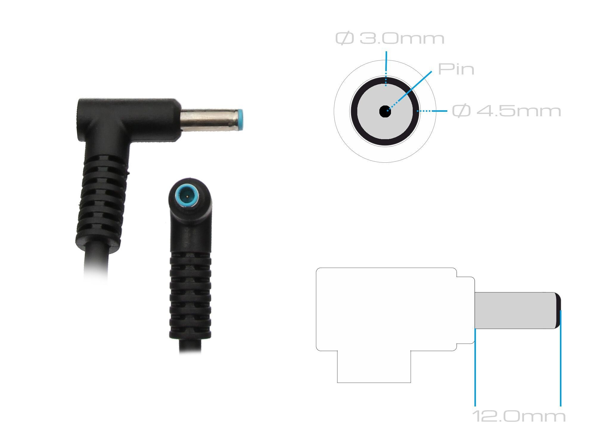 Ein schwarzer Netzstecker mit blauen Akzenten und technische Zeichnungen.