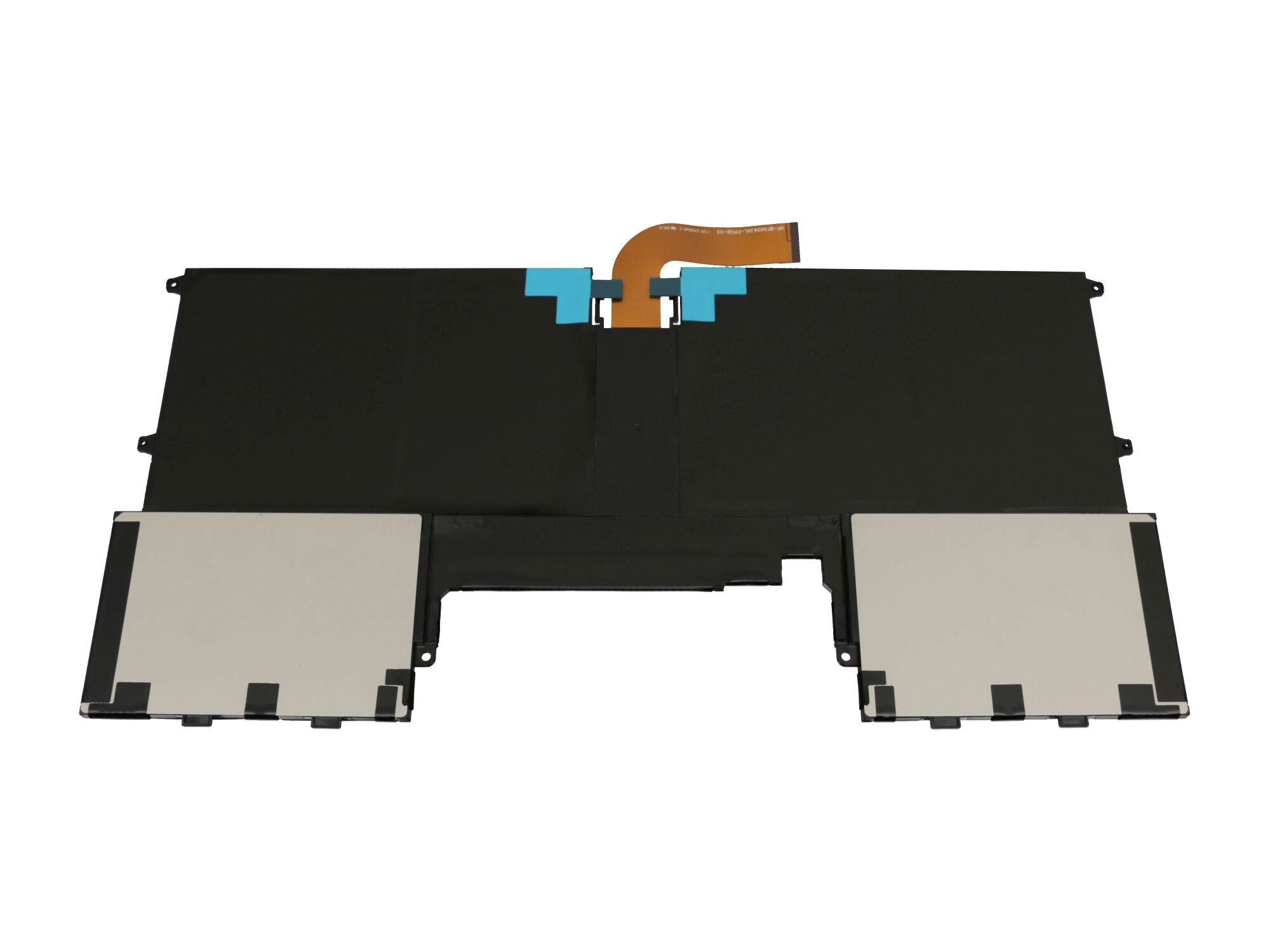 Schwarzer Akku mit Flachbandkabel und blauen Halteklammern.