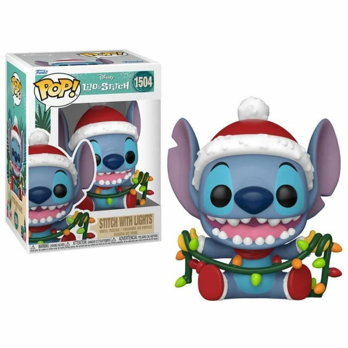 A blue Stitch Funko Pop wearing a Santa hat and tangled in lights.