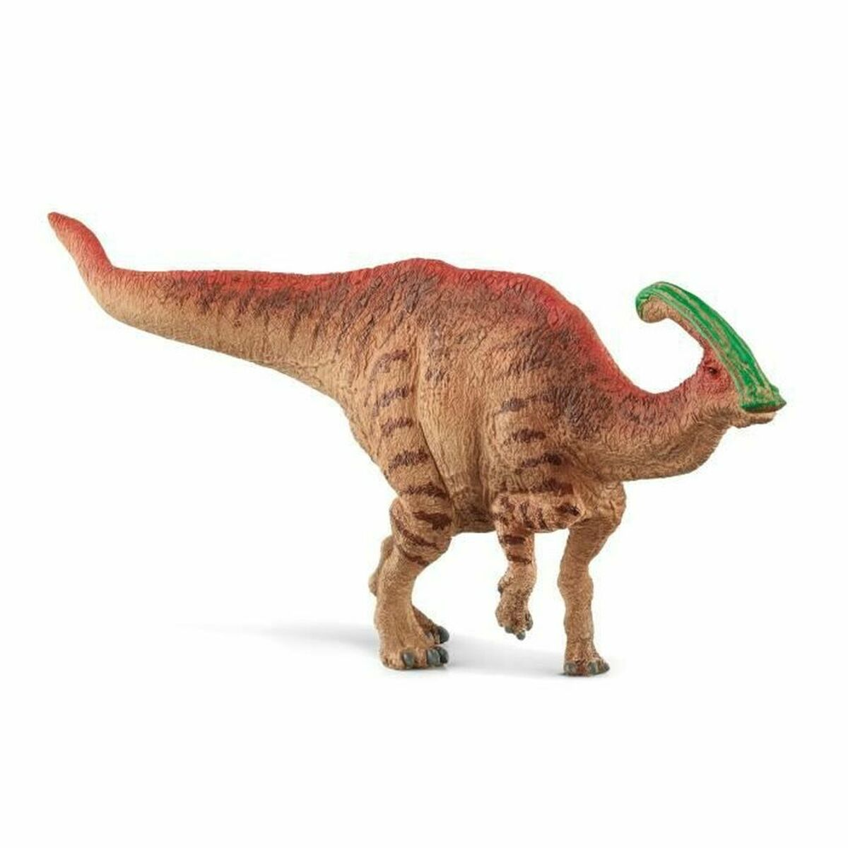 Un dinosaurio marrón con lomo rojo y cresta verde sobre fondo blanco.