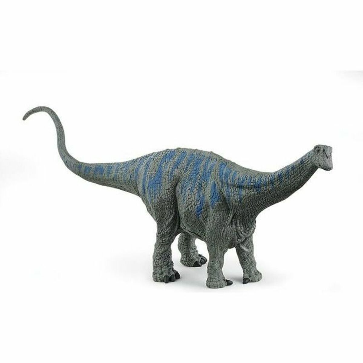 Ein graues Dinosaurierspielzeug mit blauen Streifen steht auf weißem Hintergrund.