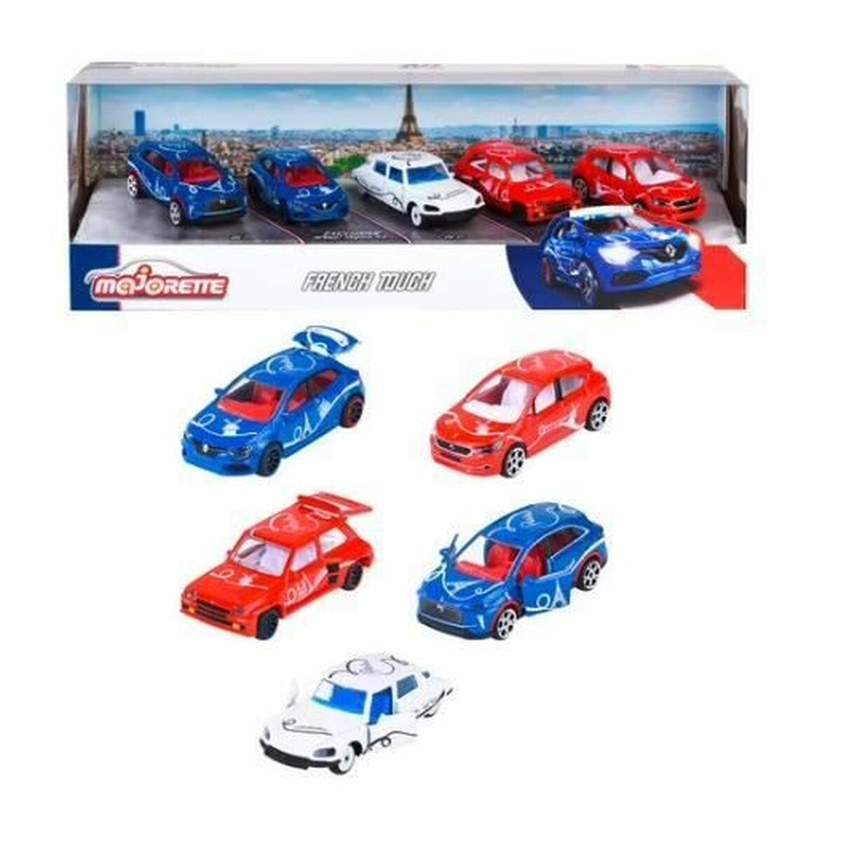 Mehrere Majorette-Spielzeugautos, darunter blaue, rote und weiße Modelle, sind ausgestellt.