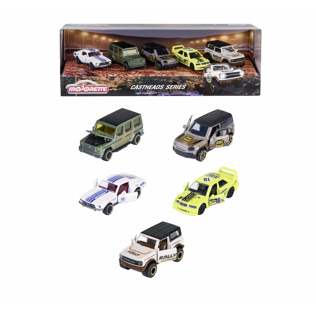 Fünf Majorette Spielzeugautos: ein grüner Jeep, ein weißer Mustang, ein gelbes Auto, ein beigefarbener Geländewagen, ein grauer SUV.