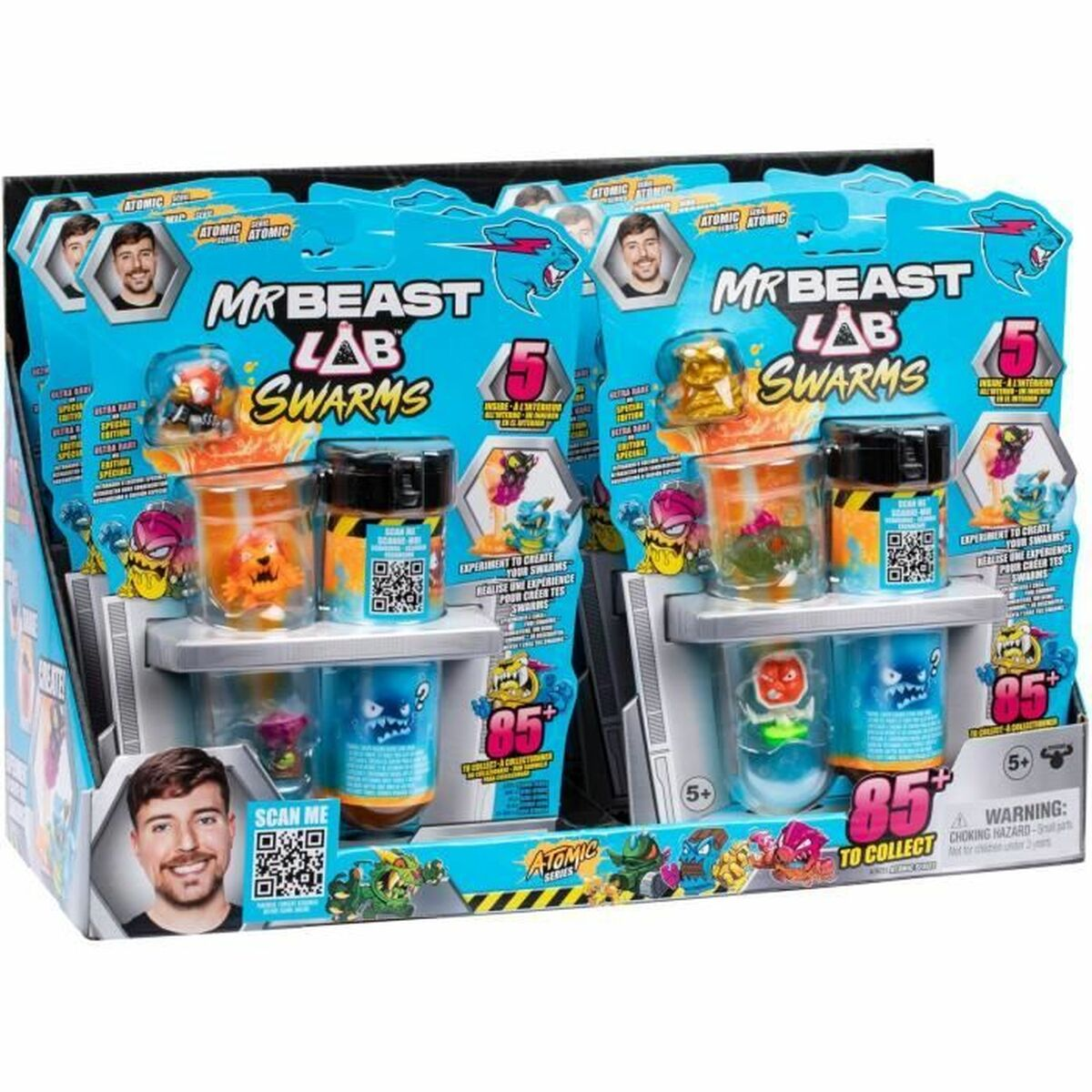 MrBeast Lab Swarms speelgoedsets met kleurrijke figuren in bakjes.