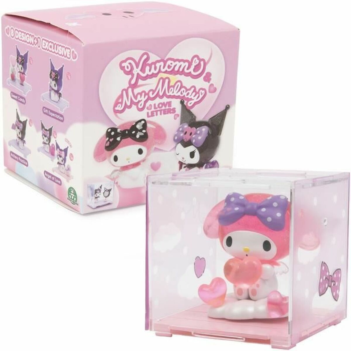 Eine Kuromi & My Melody Sammelfigur in einer rosa Box mit Designs und einer transparenten Vitrine.