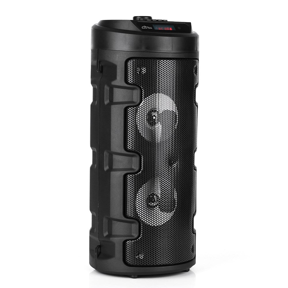 Ein schwarzer, zylindrischer Bluetooth-Lautsprecher mit Gitterfront und Bedienelementen oben.