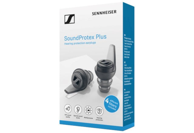 Opakowanie zatyczek do uszu Sennheiser SoundProtex Plus z dwoma czarnymi zatyczkami.