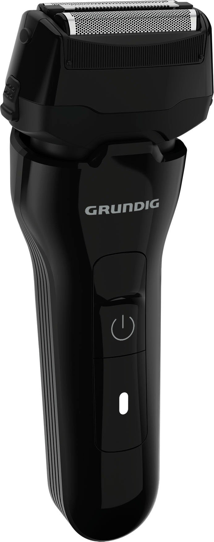 Rasoio elettrico nero con logo Grundig e pulsante di accensione.