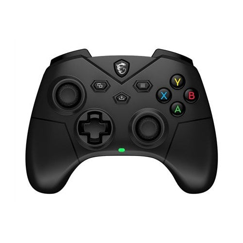 Mando de juegos negro con joysticks, botones y una luz verde.