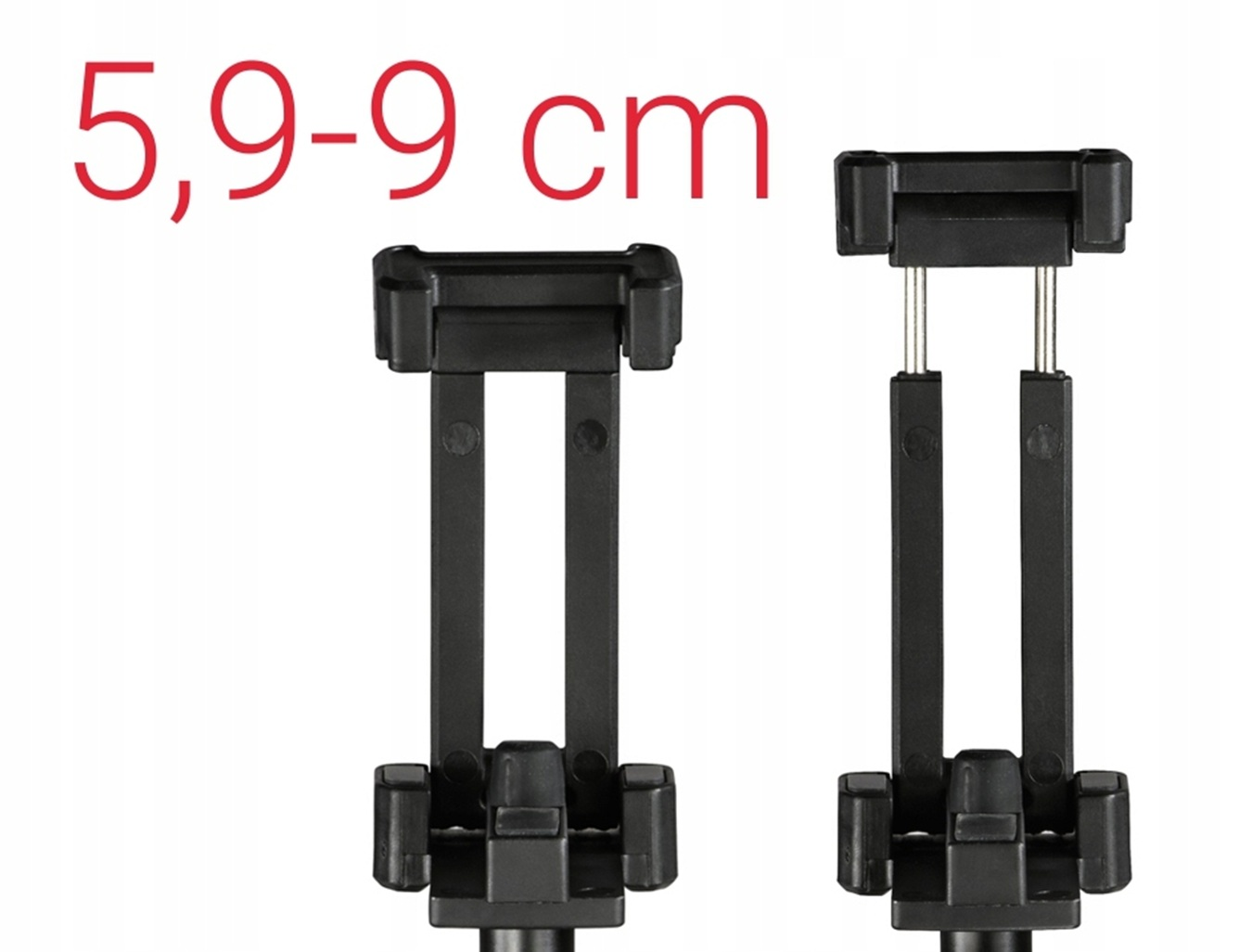 Zwei schwarze Handyhalterungen gezeigt. Text: 5,9-9 cm.