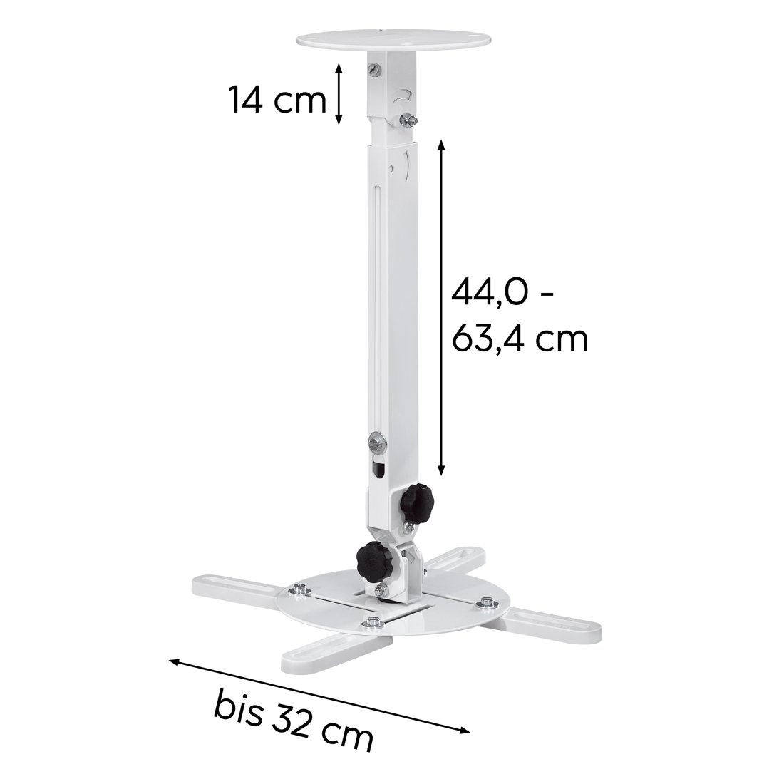 Biały uchwyt sufitowy do projektora, wymiary 14cm, 44-63,4cm i do 32cm.