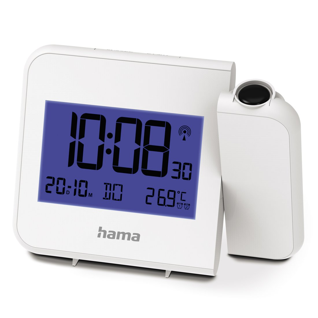 Una sveglia a proiezione bianca mostra 10:08, 20:10, 26,9°C e il logo Hama.