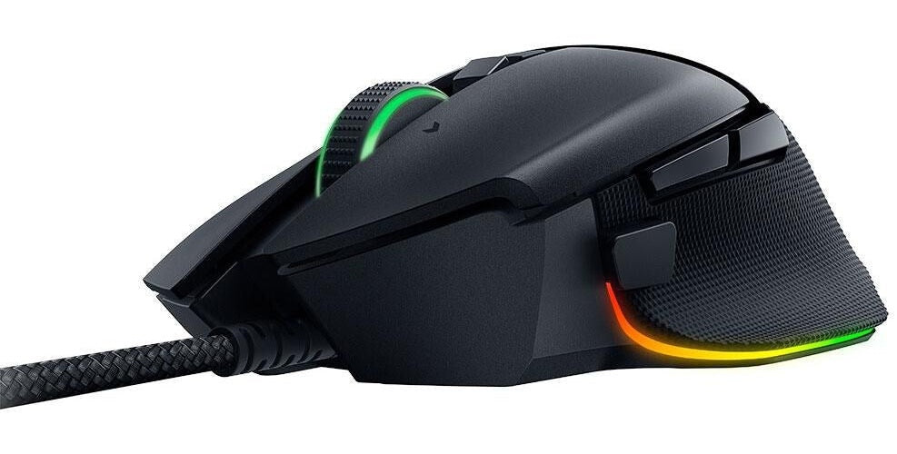 Zwarte gamingmuis met verlicht scrollwiel en RGB-verlichting.