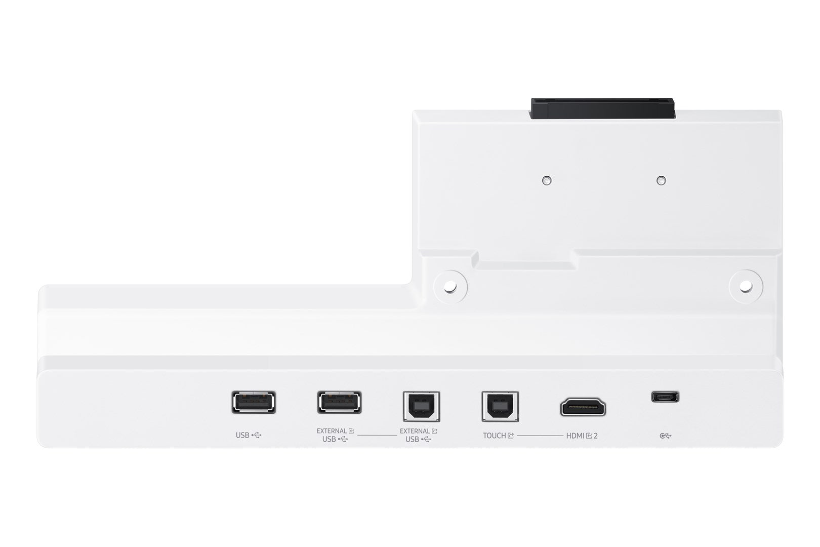 Una docking station bianca con porte USB, USB esterno, Touch e HDMI.