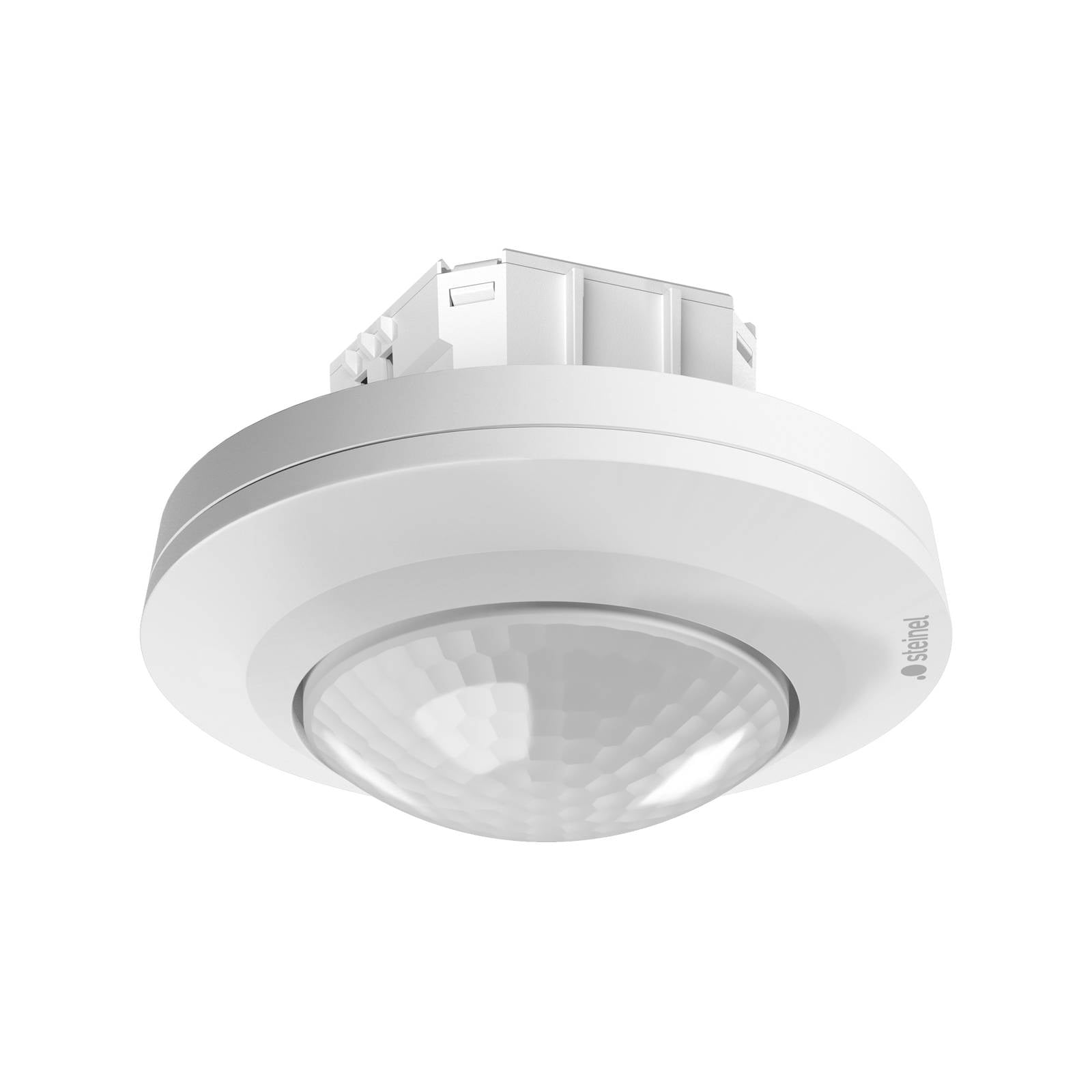 Un rilevatore di movimento bianco da soffitto con sensore a cupola.