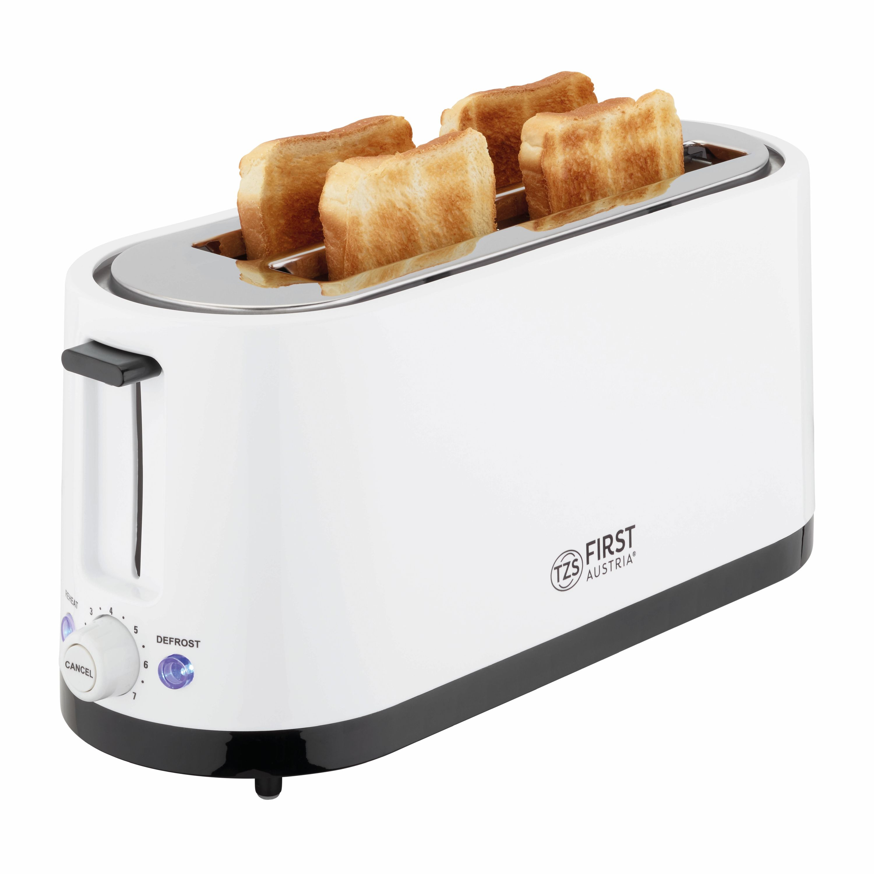 Ein weißer Toaster mit vier Toastbrotscheiben darin.