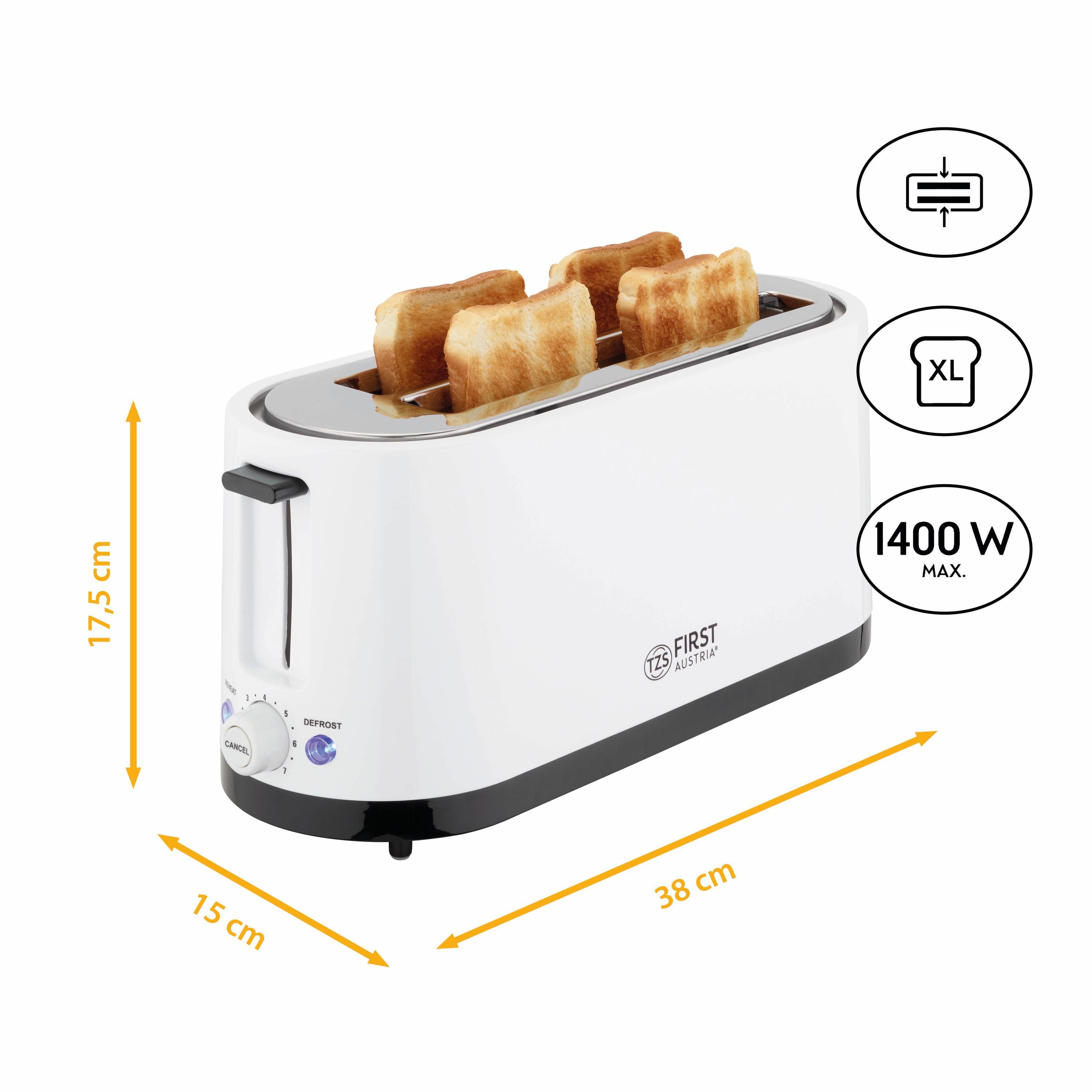 Ein weißer Toaster mit vier Scheiben Toast. Maße: 38x15x17,5 cm.