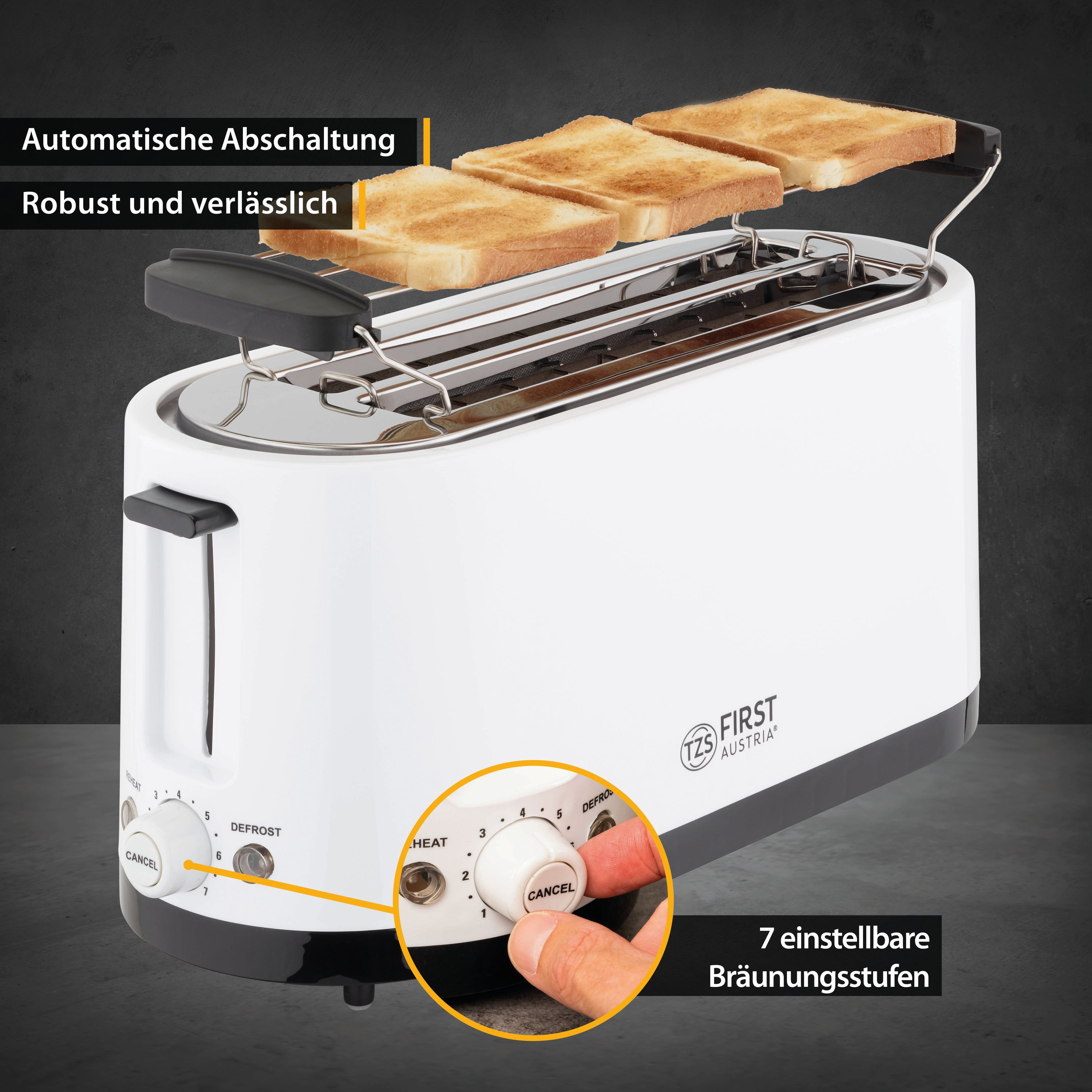 Ein weißer Toaster mit vier gerösteten Brotscheiben, Bedienelementen und Text.