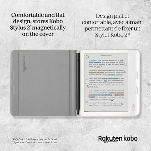 Açık e-okuyuculu gri Kobo kılıfı, Kobo Stylus 2'yi manyetik olarak tutuyor.