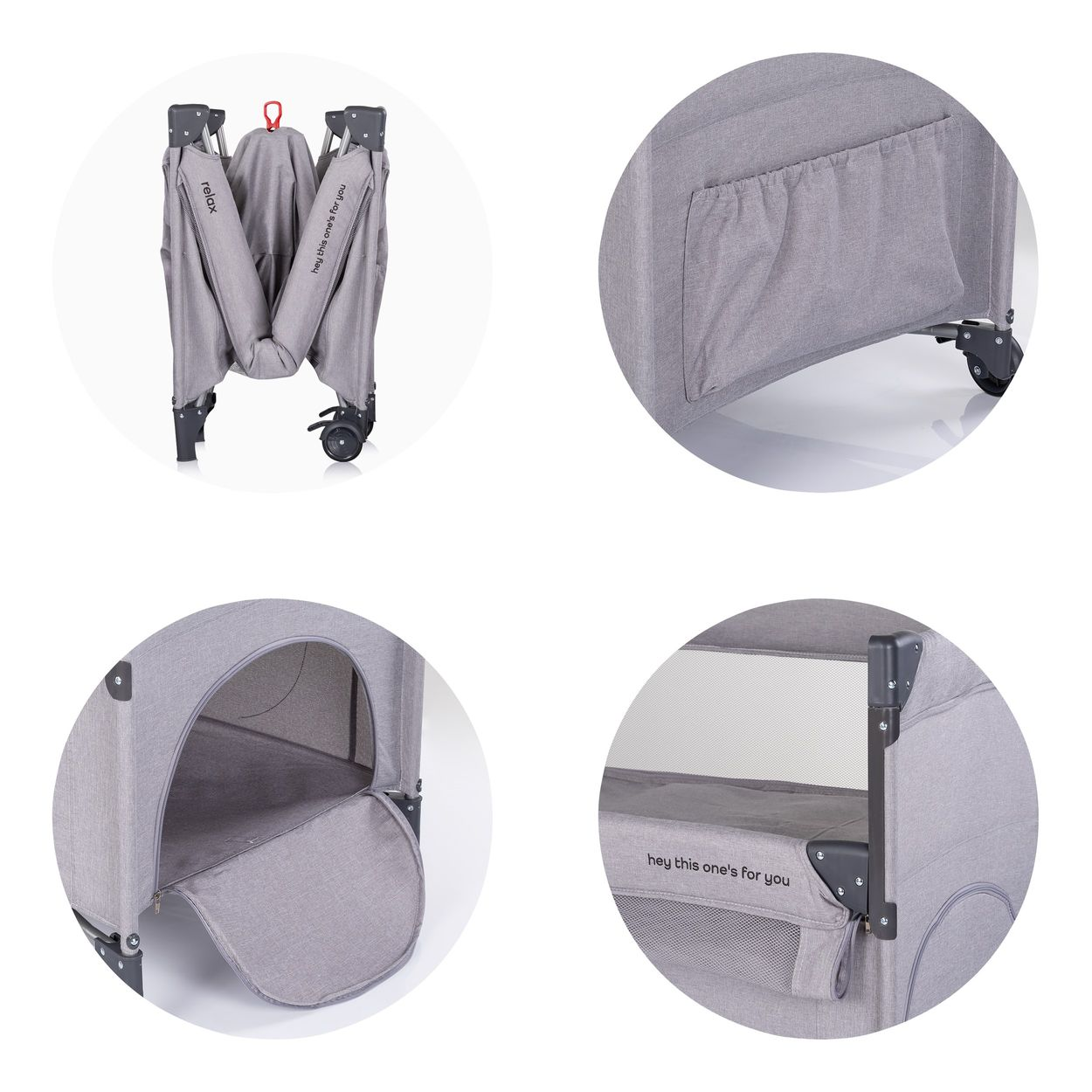 Grauer zusammenklappbarer Laufstall mit Details: Tasche, Tür, Räder und Aufschrift.