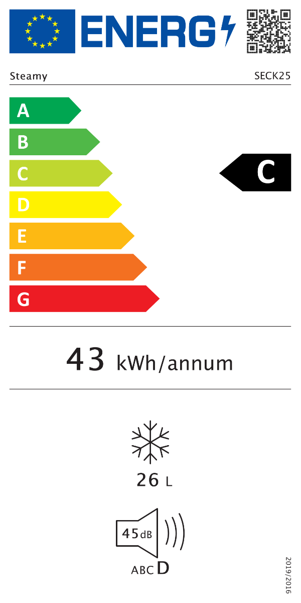 Energieeffizienzlabel mit Klasse C, 43 kWh/Jahr, 26L, 45 dB.
