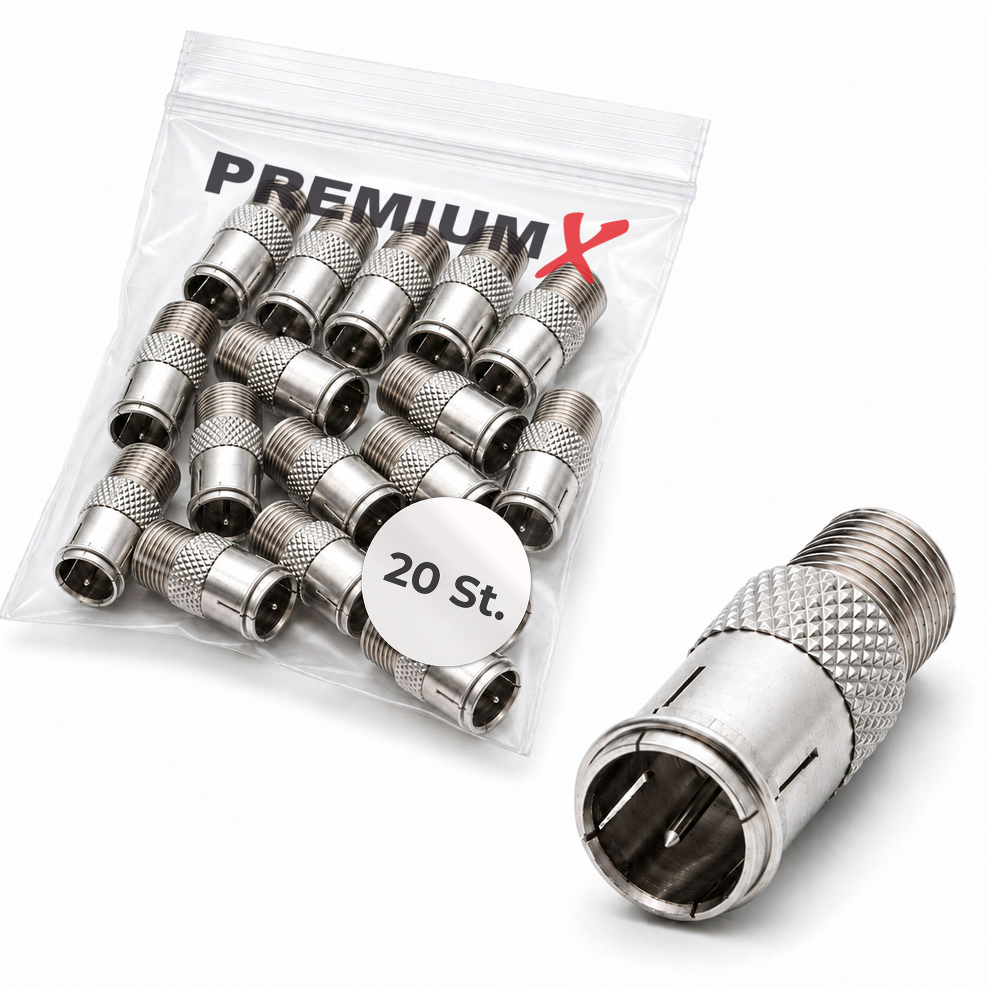 Ein Beutel mit 20 silbernen Koaxialsteckern und ein separater Stecker daneben.