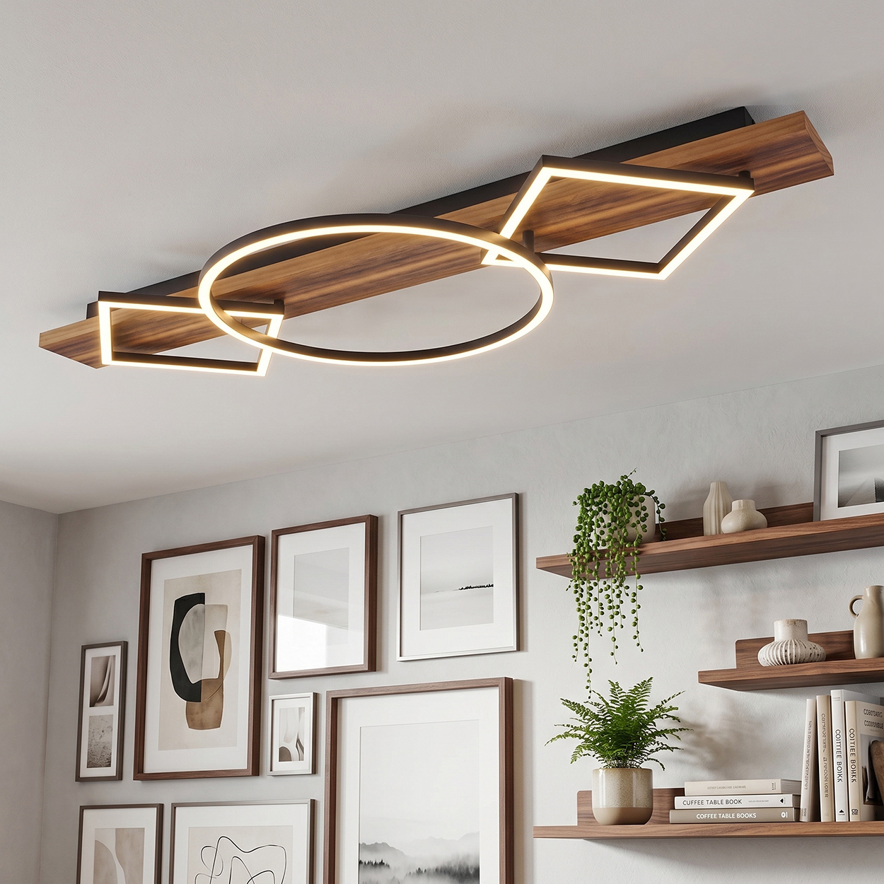 Moderne Deckenleuchte mit Holzsockel, Ring und Quadratformen, beleuchtet.
