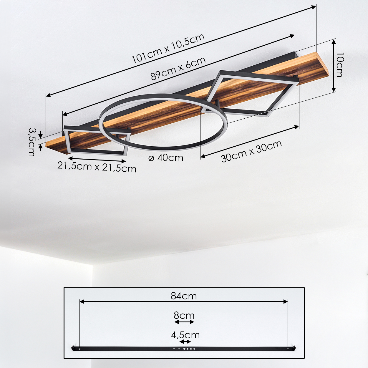 Deckenleuchte mit Holz und Metall, mit Maßen und Formen.