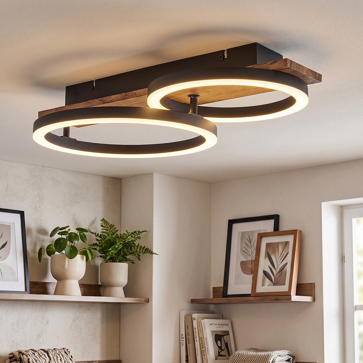 Deckenleuchte mit zwei Ringen und Holzdetails über einem Regal mit Pflanzen und Bildern.
