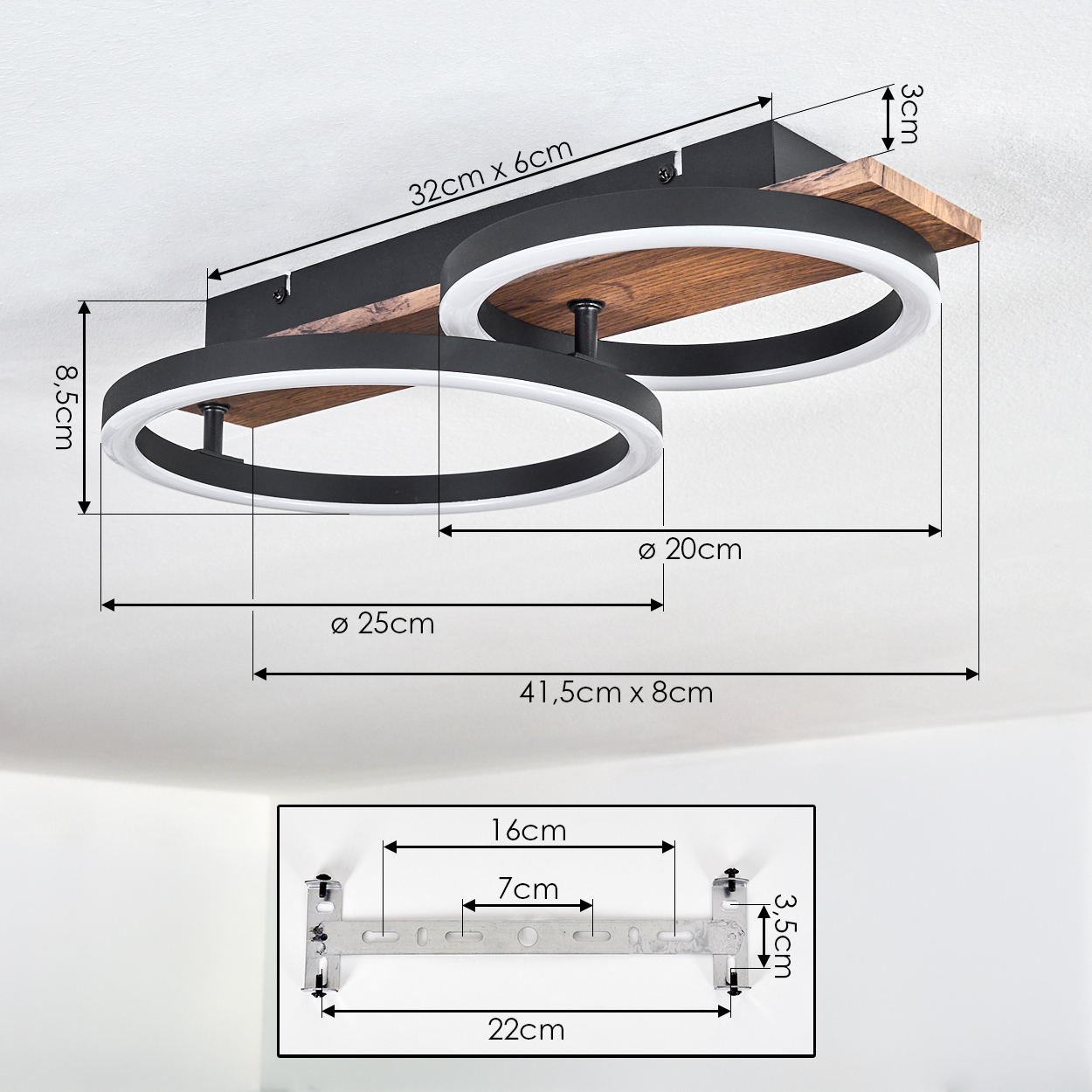 Deckenleuchte mit zwei Ringen, Holz- und schwarzem Metallakzent. Maße sind angegeben.