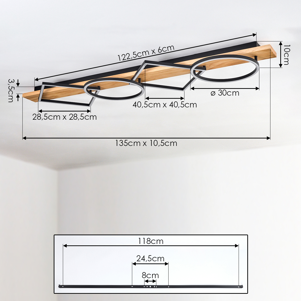 Moderne Deckenleuchte mit Holz und schwarzen Metallrahmen, Maße angegeben.