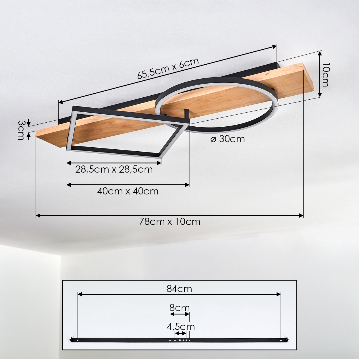 Moderne Deckenleuchte mit Holz, Metall und LED-Ring. Maße angegeben.