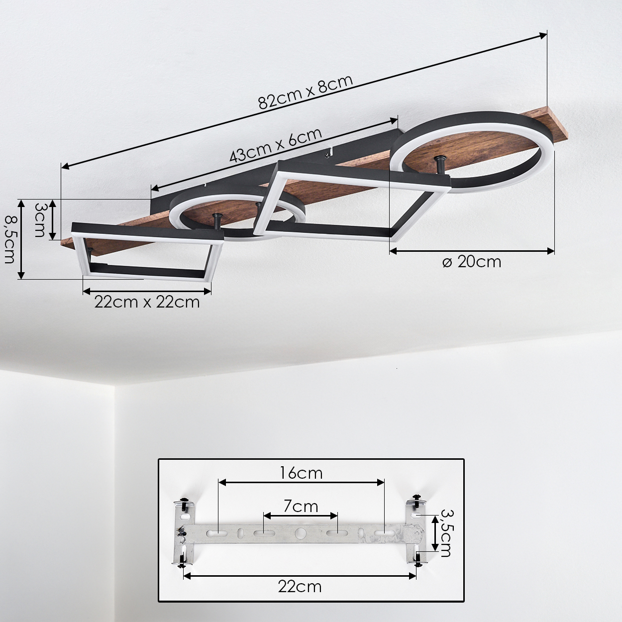 Moderne Deckenleuchte mit Holz, schwarzem Rahmen und weißen LED-Ringen. Maße angezeigt.