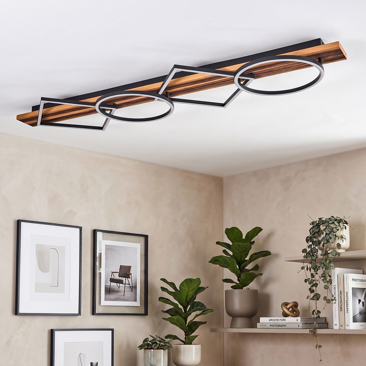 Moderne Deckenleuchte mit Holz und Metallformen, daneben gerahmte Kunst und Pflanzen.