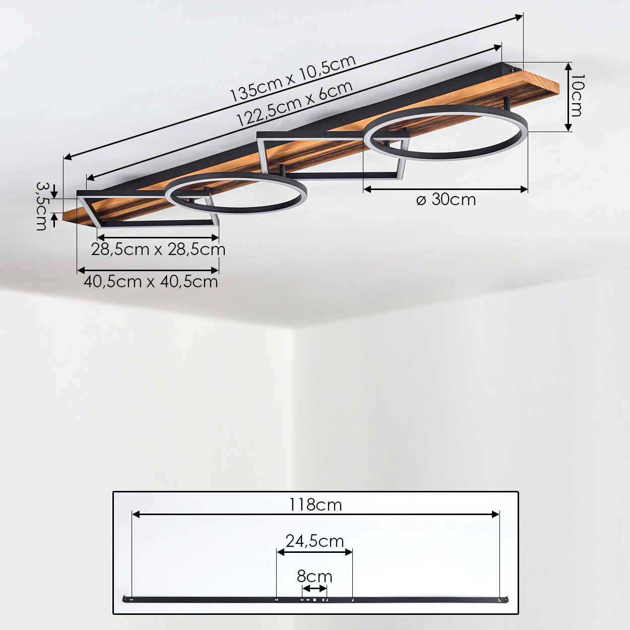 Moderne Deckenleuchte mit Holz und schwarzem Metall, drei Ringen. Maße angegeben.