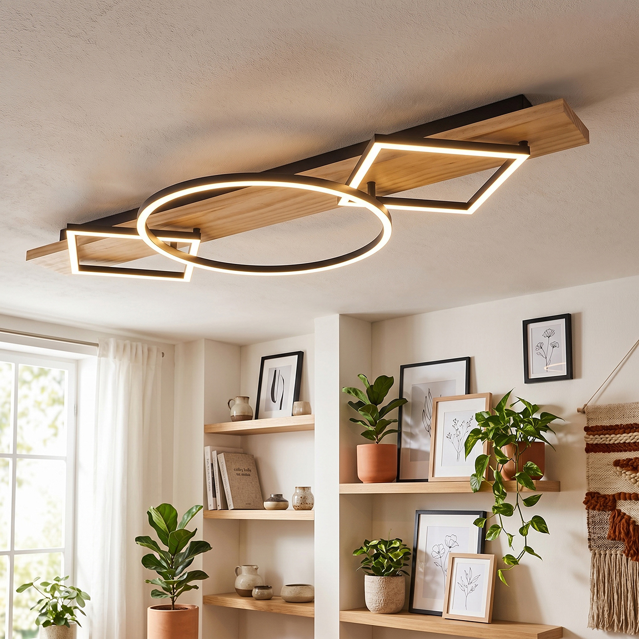 Moderne Deckenleuchte mit Holz und geometrischen Formen, beleuchtet von LED-Lichtern.