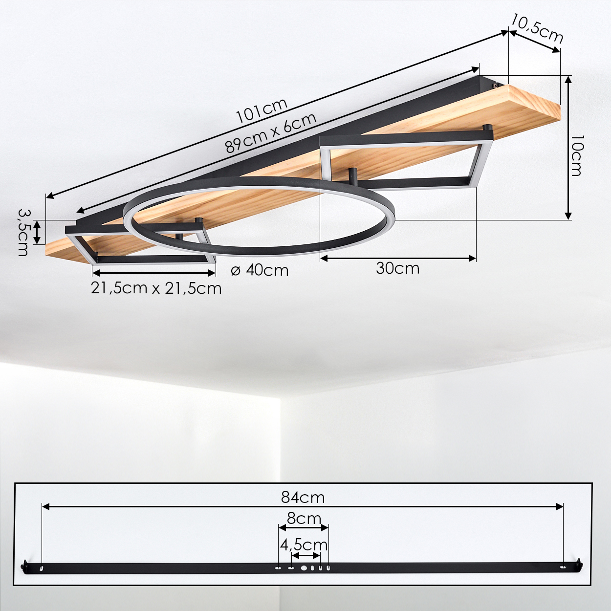 Moderne Deckenleuchte mit Holz- und Metallelementen, Maße gezeigt.