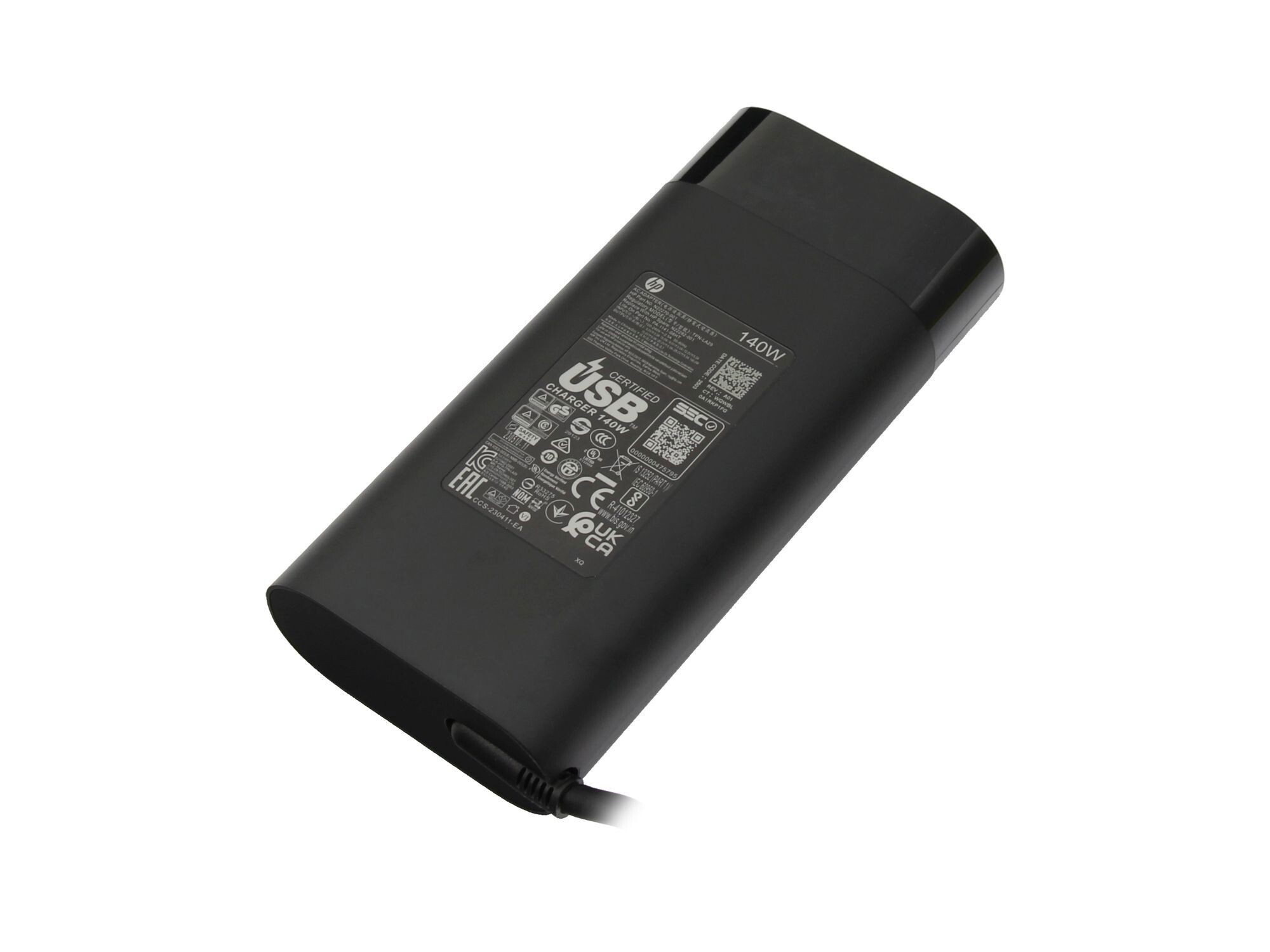Schwarzes HP USB Ladegerät, 140W, mit Zertifizierungs- und Modellnummern.