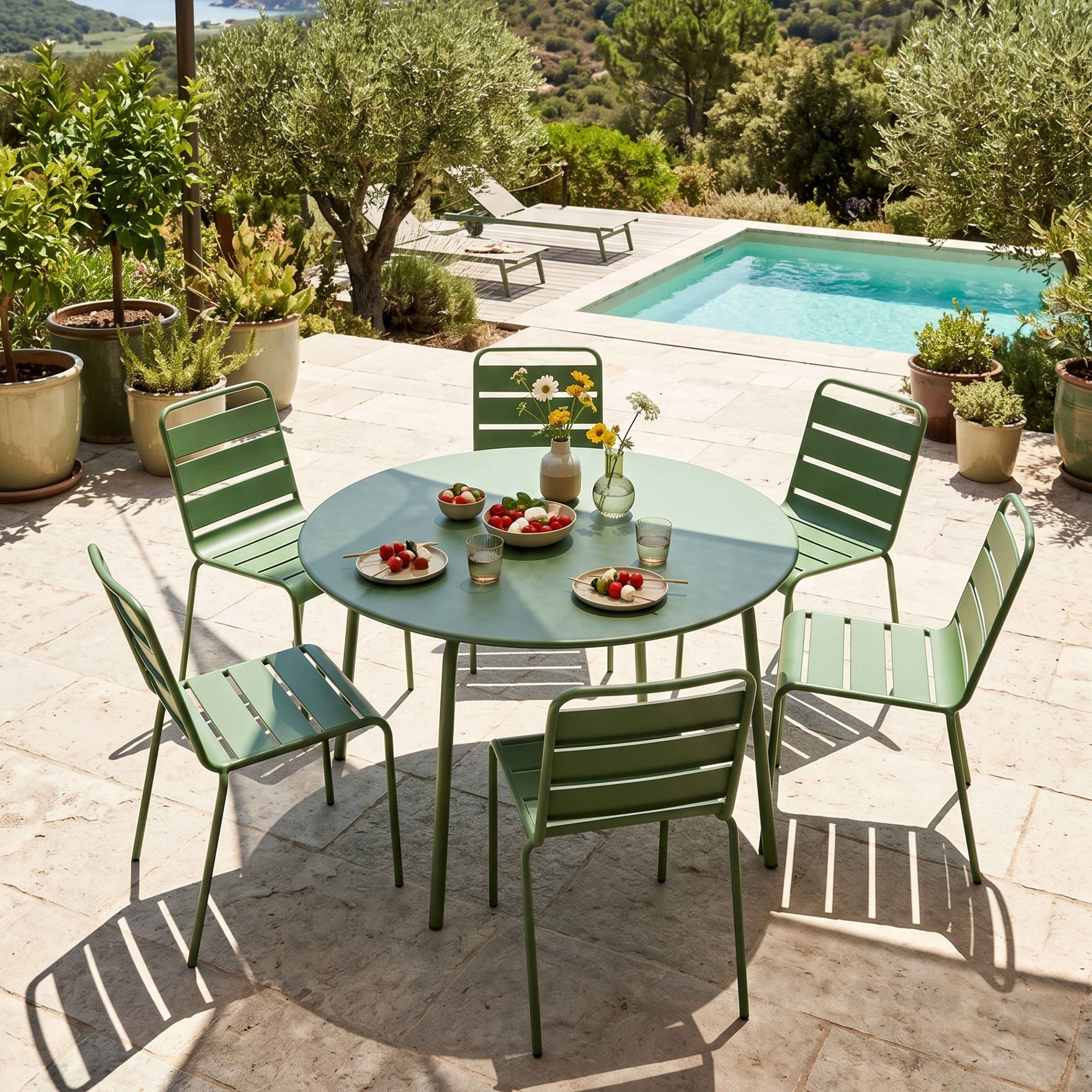 Grüner Gartentisch mit Stühlen, Pool und mediterraner Landschaft im Hintergrund.