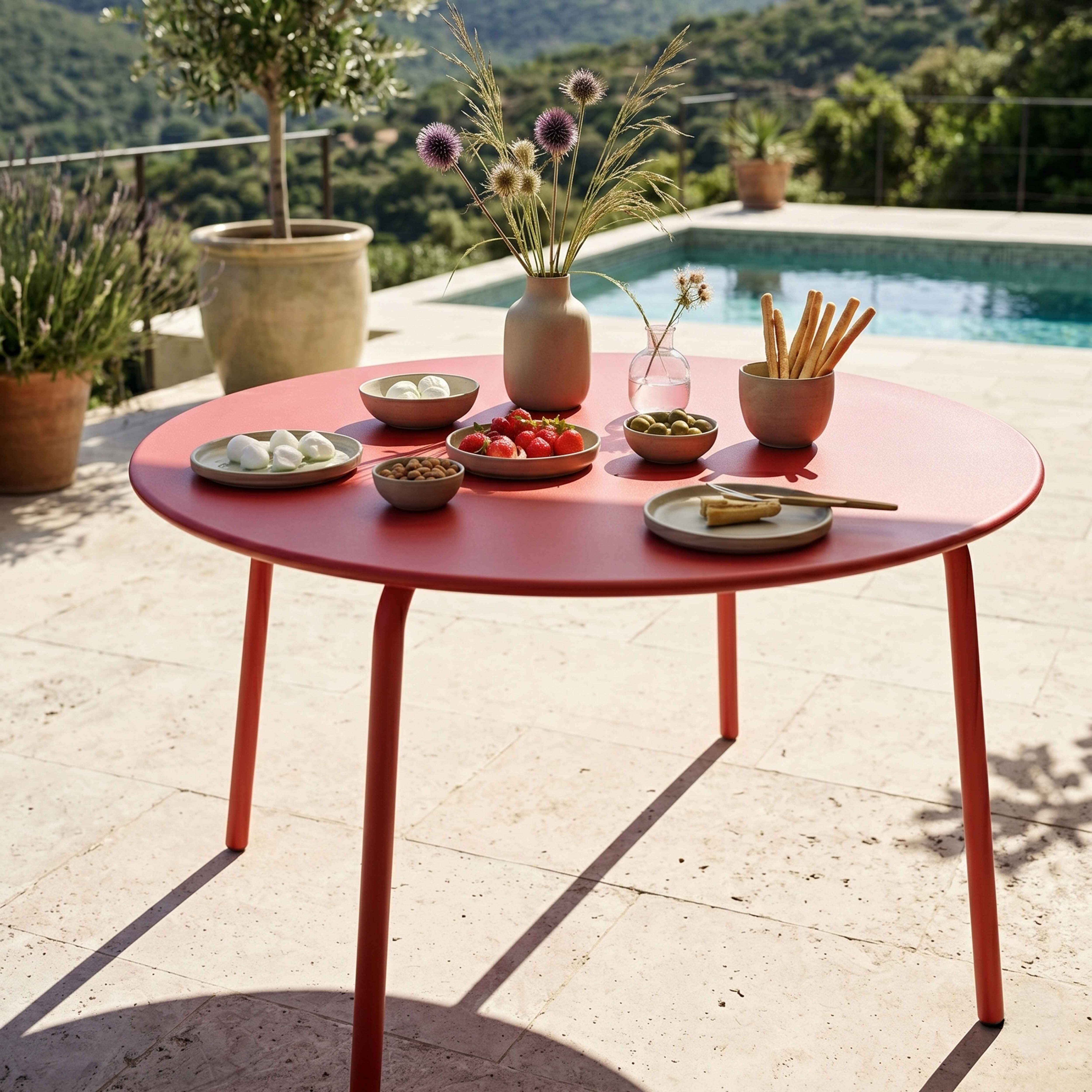 Roter Tisch mit Snacks und Blumen, Pool und Hügel im Hintergrund.
