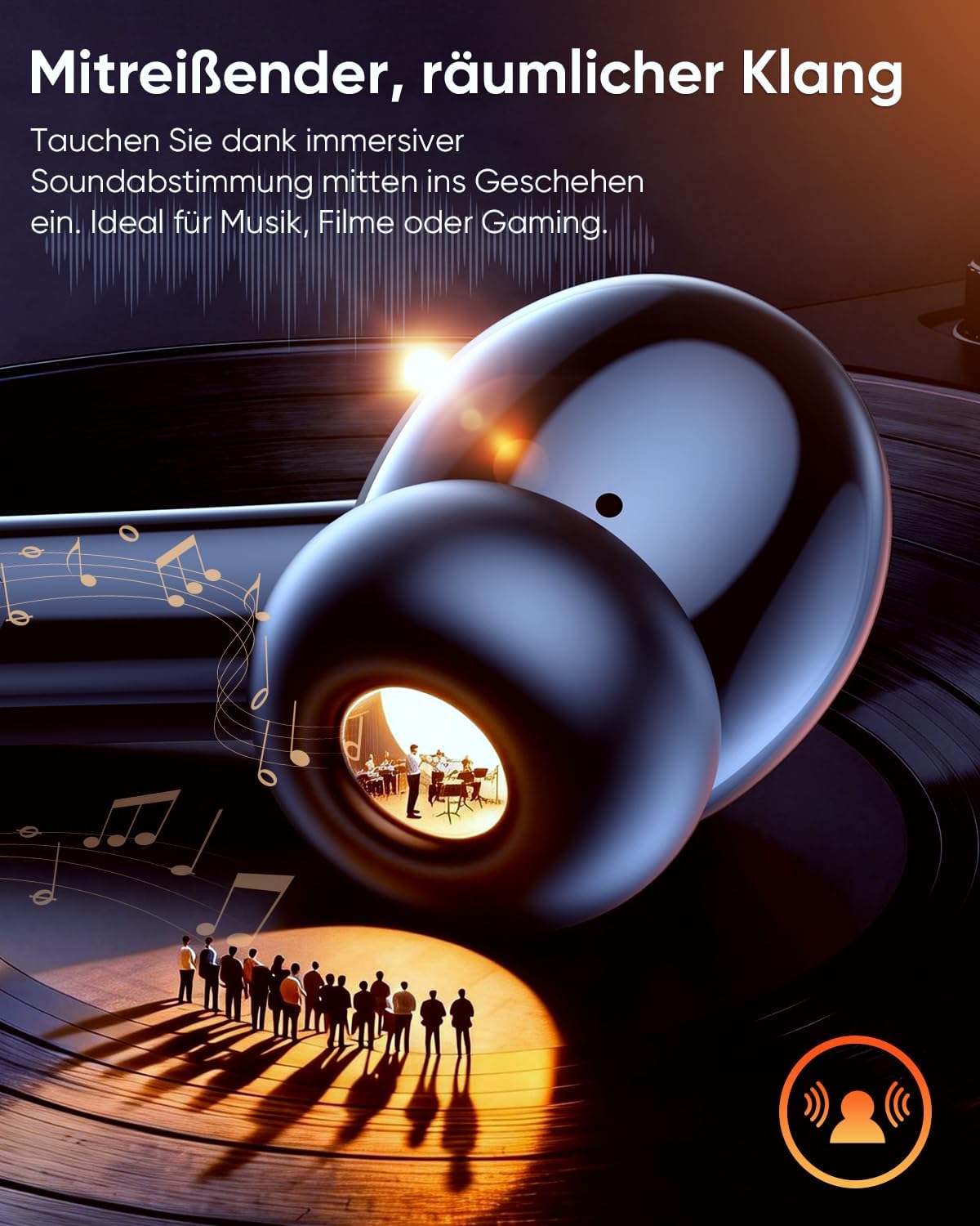 Kopfhörer mit Orchester und Publikum auf Schallplatte. Musiknoten schweben.