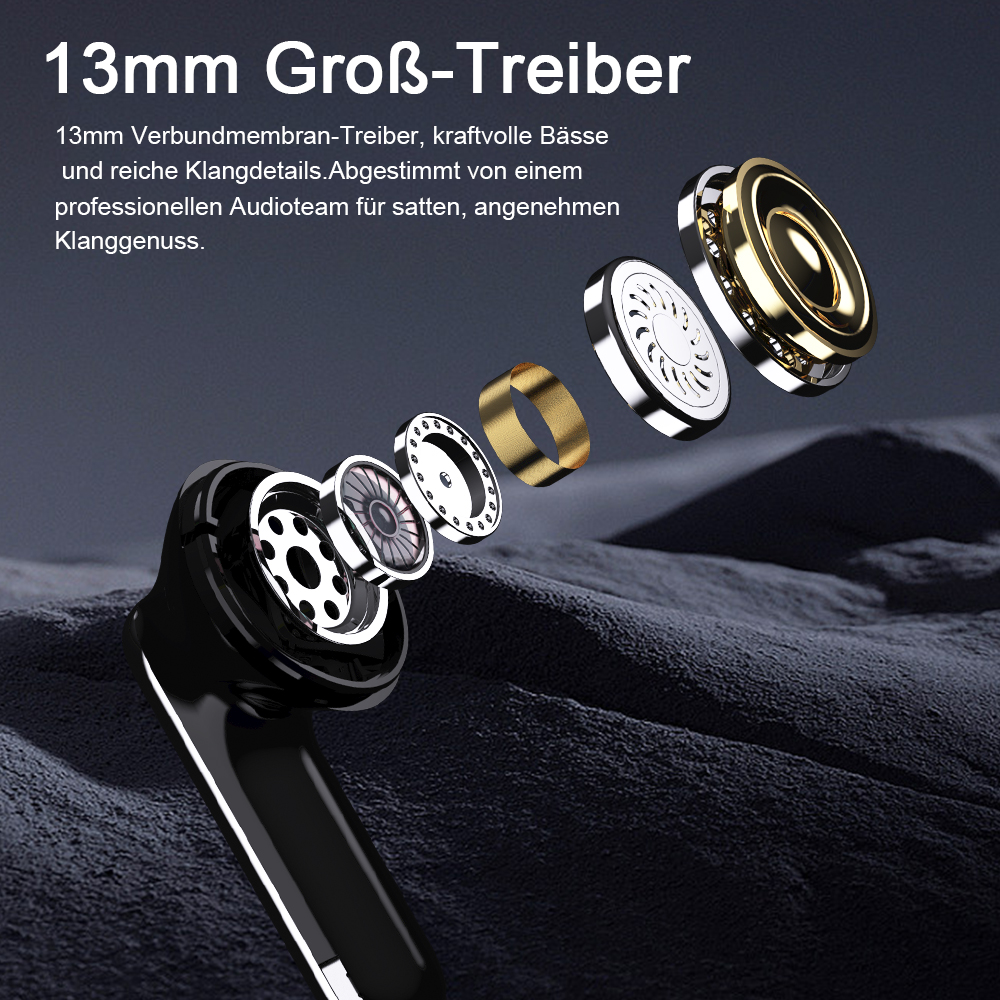 Explodierte Ansicht eines schwarzen Kopfhörers mit 13mm Treibereinheit und Details.