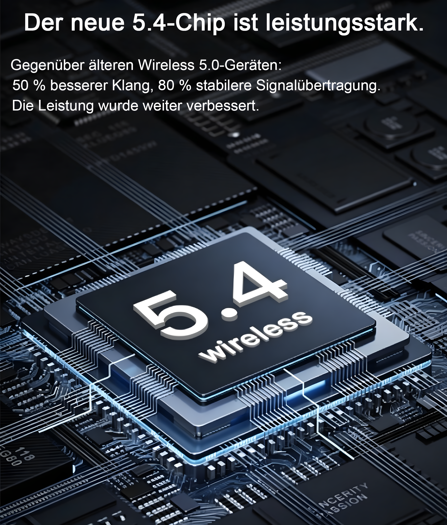 Ein 5.4 Wireless Chip auf einer Leiterplatte mit feinen Linien.