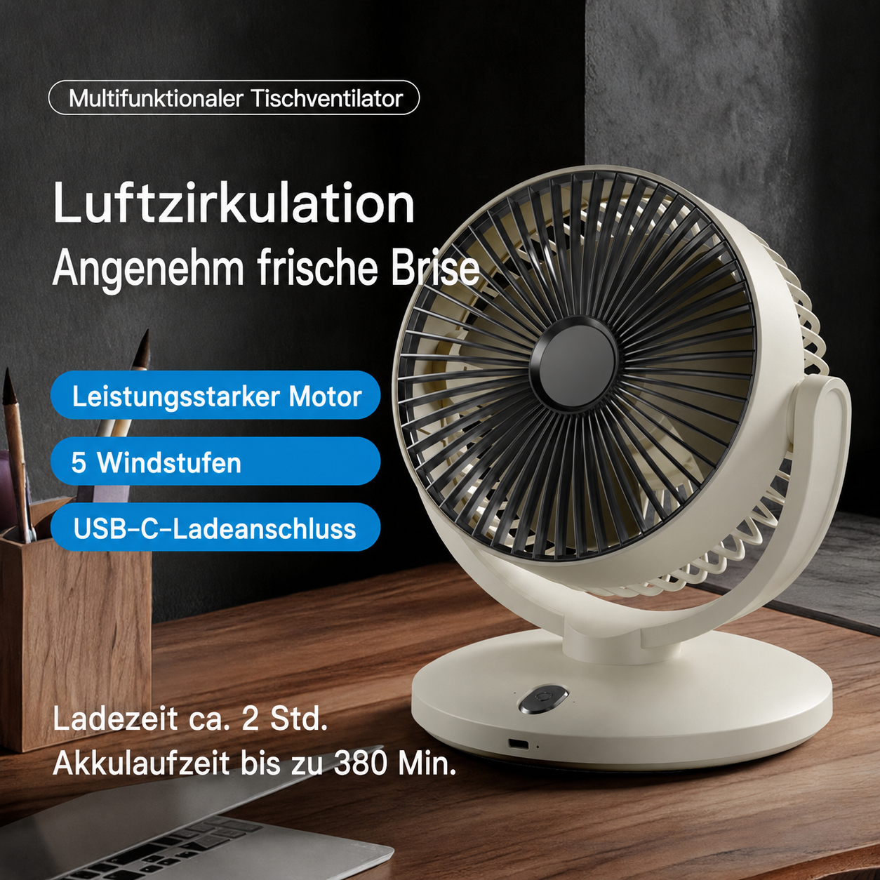 Ein weißer Tischventilator mit USB-C, 5 Stufen und starkem Motor.