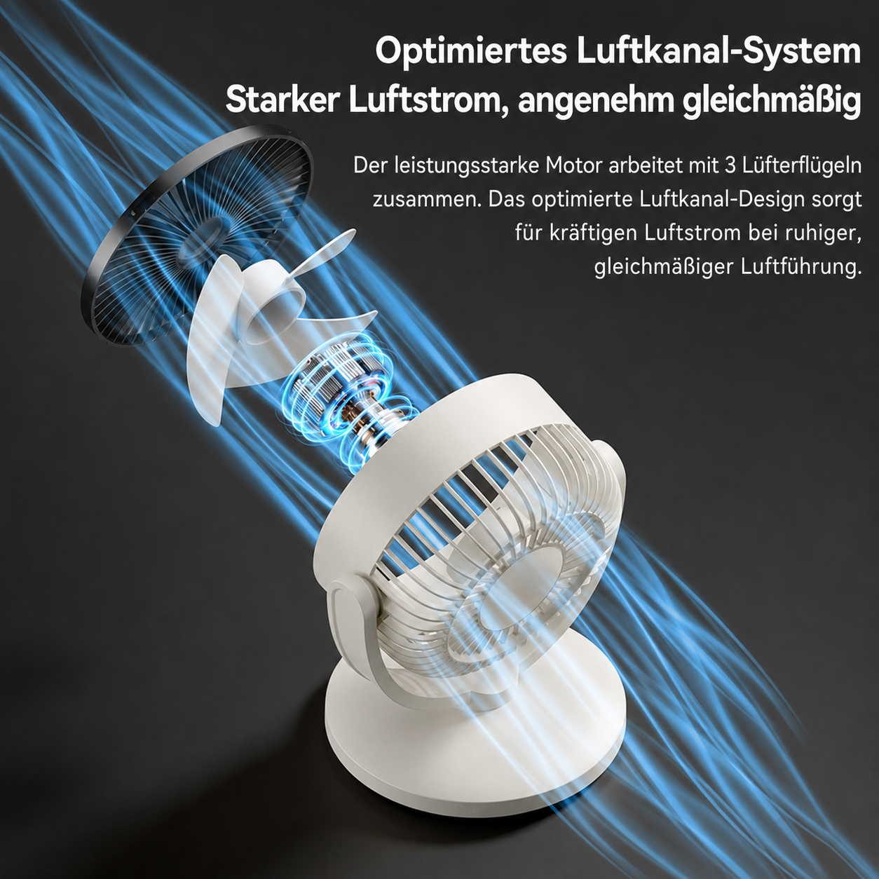 Ein weißer Ventilator mit blauem Luftstrom. Optimiertes Luftkanal-System.