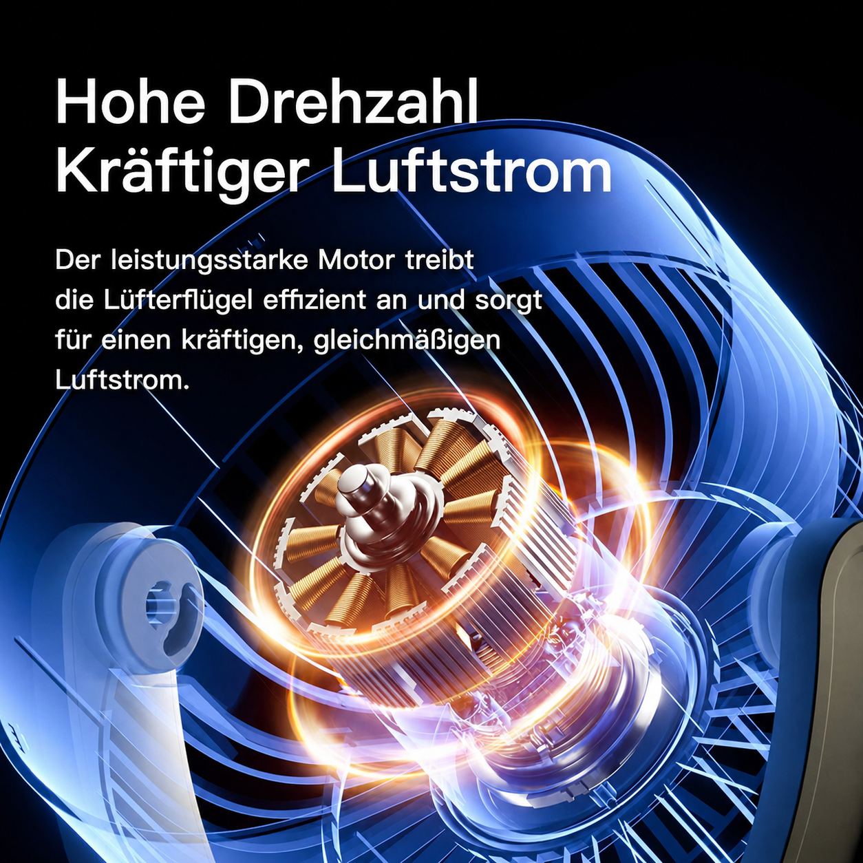 Ein starker Motor mit Kupferwicklungen treibt Lüfterblätter für starken Luftstrom an.