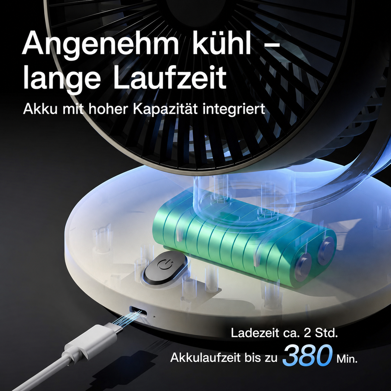 Ein Lüfter mit integriertem Akku, lädt in 2 Std., läuft 380 Min.
