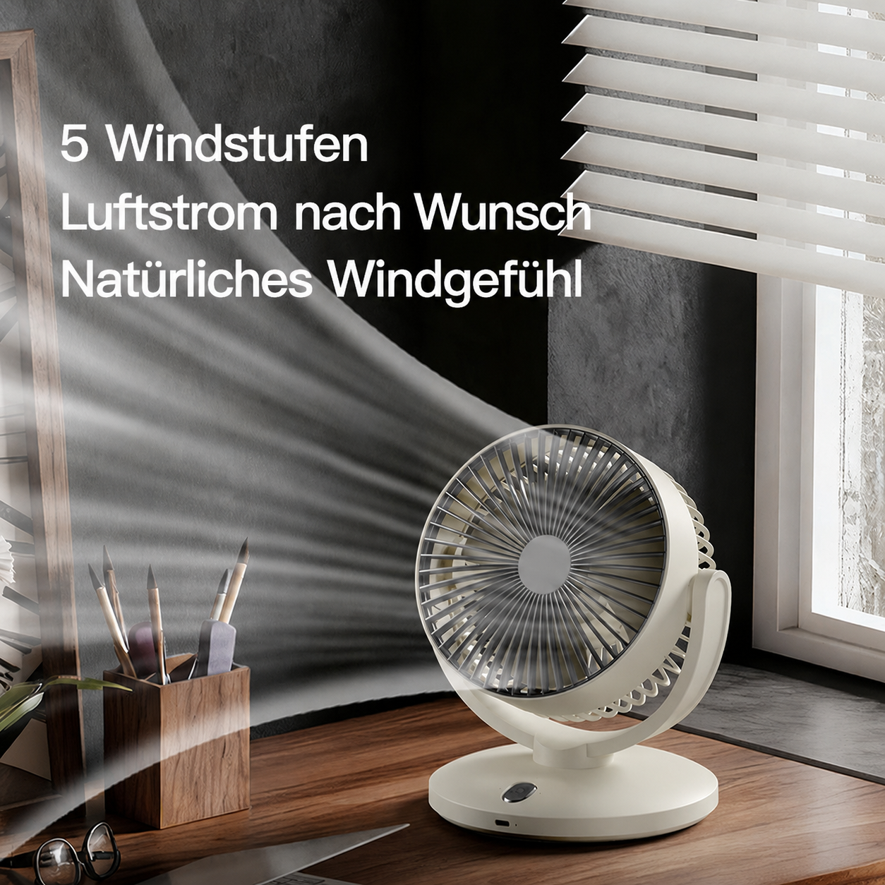 Ein weißer Ventilator auf einem Schreibtisch mit Luftstrom, der sich im Raum ausbreitet.
