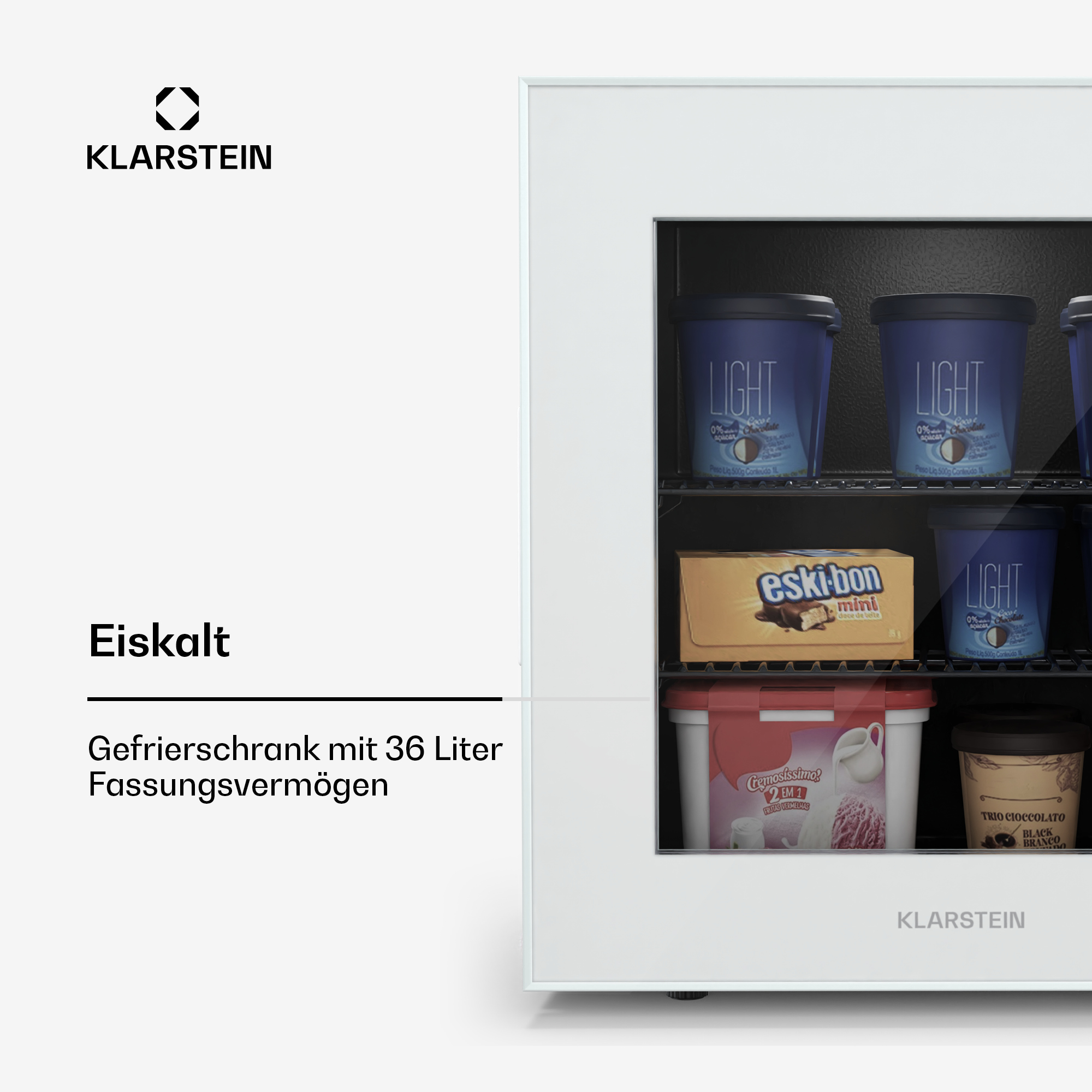 Ein Klarstein Gefrierschrank mit 36L Fassungsvermögen, gefüllt mit Eiscremebehältern und einem Eskibon-Riegel.